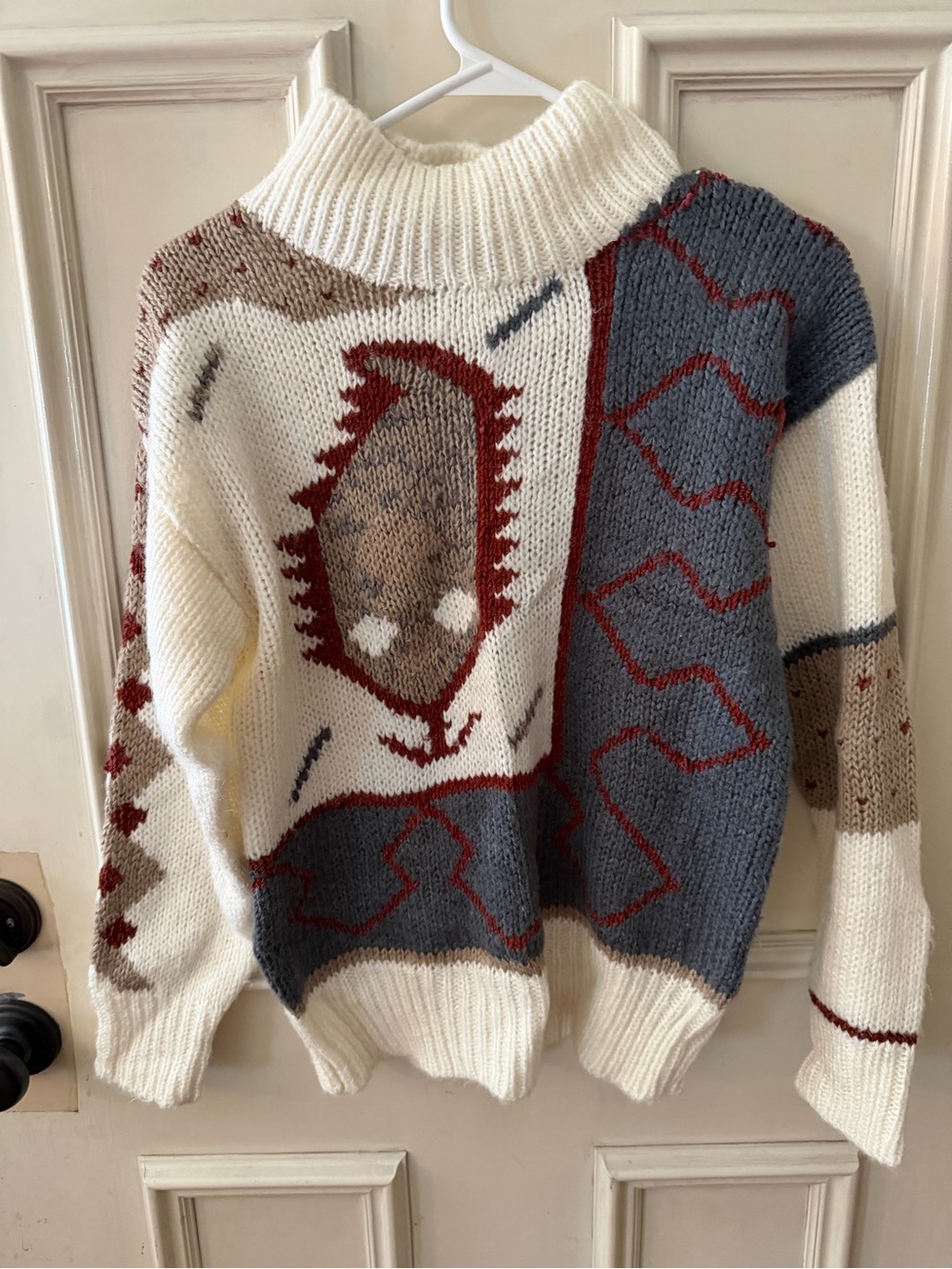SML Sport Cream, Gray & Red Patterned Turtleneck Sweater